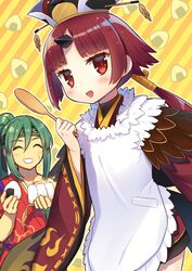  1boy apron benienma_(fate) brown_eyes brown_hair commentary_request fate/grand_order fate_(series) female food green_hair headband low_ponytail nakamura_hinato onigiri ponytail scar scar_on_cheek scar_on_face shamoji smile tawara_touta_(fate) wide_sleeves 