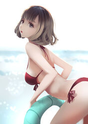  ass bikini blurry breasts brown_hair commentary day depth_of_field female from_side grey_eyes innertube leaning_forward lips medium_breasts ocean original photoshop_(medium) red_bikini short_hair side-tie_bikini_bottom solo strap_gap swim_ring swimsuit vafar7 