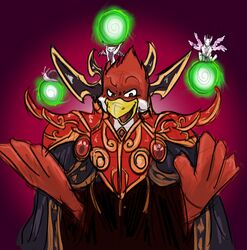  2016 anthro armor avian avian_(starbound) beak blizzard_entertainment brown_eyes cloak clothing digital_media_(artwork) feathers gastropod group hi_res jewelry kael&#039;thas kobold looking_at_viewer magic magic_user maladash male mollusk orb ornate_armor red_body red_feathers simple_background smile smirk snail solo_focus starbound tatsuchan18 warcraft white_body white_feathers wings 