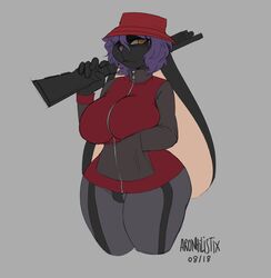  absurd_res anthro aronhilistix big_breasts breasts clothed clothing curvy_figure female gun hat headgear headwear hi_res lagomorph leporid looking_at_viewer mammal rabbit ranged_weapon shotgun simple_background solo standing thick_thighs voluptuous weapon 