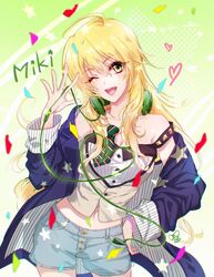  ahoge bare_shoulders blue_jacket blue_shorts breasts buttons cable cleavage collarbone confetti cowboy_shot denim denim_shorts digital_media_player female green_eyes green_headphones headphones headphones_around_neck heart heart_of_string highres holding holding_cable hoshii_miki idolmaster jacket long_hair looking_at_viewer matori_(penguin_batake) medium_breasts midriff navel one_eye_closed open_clothes open_jacket open_mouth short_shorts shorts smile solo star_(symbol) star_print teeth twitter_username two-sided_fabric two-sided_jacket upper_teeth_only very_long_hair 