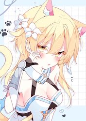  animal_ears blonde_hair breasts cat_ears cat_tail female flower genshin_impact hair_flower hair_ornament highres looking_at_viewer lumine_(genshin_impact) open_mouth paw_print paw_print_background scarf short_hair_with_long_locks solo suisei_1121 tail upper_body white_flower white_romper white_scarf yellow_eyes 