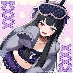  animal_ears animal_print black_hair bloomers blush choker colored_inner_hair eye_mask fake_animal_ears female frilled_sleeves frills hair_ribbon long_hair long_sleeves looking_at_viewer multicolored_hair navel nijisanji ninahachi open_mouth purple_eyes purple_ribbon rabbit_ears rabbit_print ribbon sleeves_past_fingers sleeves_past_wrists smile solo tsukino_mito tsukino_mito_(loungewear) twitter_username underwear virtual_youtuber 