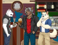  2018 anthro bar_(food) beard belt beverage black_belt black_clothing black_eyebrows black_jacket black_nose black_topwear black_vest blue_bottomwear blue_clothing blue_eyes blue_jacket blue_jacket_vest blue_jeans blue_pants blue_topwear blue_vest board bottomwear brick_wall brown_beard brown_body brown_facial_hair brown_fur cafe cafeteria candy canid canine canis chatting chocolate chocolate_chip_cookie chocolate_chips closed_eyes clothing coffee_cup collaboration container cookie cup cupcake denim denim_bottomwear denim_clothing dessert disposable_cup domestic_cat domestic_dog dress_shirt drinking drinking_straw ear_piercing eyebrows facial_hair fangs fehry_(wolfmaster) felid feline felis food fur glass green_wall grey_(greydaboy) grey_clothing grey_eyebrows grey_hair grey_shirt grey_topwear greydaboy griffie_(saberzelgrath) group hair hand_in_pocket hand_on_arm horse_tail jacket jacket_vest jeans juice khaki_pants lifting_object lights logo logo_on_clothing logo_on_shirt male mammal messy_hair milk moustache open_mouth pants piercing pockets raised_arm raised_tail red_clothing red_eyes red_shirt red_topwear saberzelgrath sandwich_(food) shirt silhouetted_body smoothie tail tail_down tan_body tan_floor tan_fur tan_wall teeth text tied_hair topwear trio vest wall_(structure) white_body white_clothing white_fur white_shirt white_topwear wolf wolfmaster 