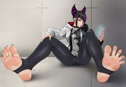  baggy_pants bare_shoulders black_hair bodysuit breasts candy capcom_cup chinese_clothes commentary cosplay drill_hair easonx feet female food foot_focus foreshortening gloves glowing glowing_eye highres hololive hood hood_down hoodie jewelry juri_han legs lollipop looking_at_viewer nail_polish navel no_shoes ookami_mio ookami_mio_(casual) ookami_mio_(cosplay) pants purple_hair soles solo spikes spread_toes stirrup_legwear street_fighter street_fighter_6 street_fighter_v tank_top toeless_legwear toenail_polish toenails toes twin_drills 