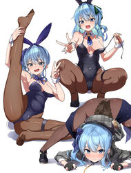  alternate_costume animal_ears black_gloves black_leotard blue_eyes blue_hair blue_leotard blush breasts closed_mouth commentary_request covered_navel eru_(l_illust45) fake_animal_ears feet female fishnet_pantyhose fishnets gloves highres holding_strap hololive hoshimachi_suisei hoshimachi_suisei_(1st_costume) jack-o&#039;_challenge leg_up legs leotard looking_at_viewer multiple_views no_shoes one_side_up open_mouth pantyhose partially_fingerless_gloves plaid plaid_headwear plaid_shirt playboy_bunny rabbit_ears shirt side_ponytail squatting strapless strapless_leotard toes v virtual_youtuber white_wrist_cuffs wrist_cuffs 