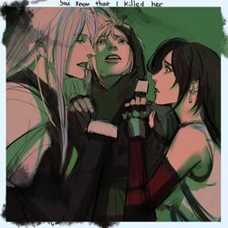  2boys black_hair blonde_hair border boy_and_girl_sandwich cloud_strife english_text female final_fantasy final_fantasy_vii final_fantasy_vii_rebirth final_fantasy_vii_remake fingerless_gloves gloves grey_hair hand_on_another&#039;s_shoulder hands_on_another&#039;s_face highres looking_up multiple_boys sandwiched sephiroth teardrop_earrings tears tifa_lockhart white_border ymr18 