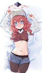  :d absurdres arms_up beanie bed_sheet blue_archive blue_eyes blue_shorts blush braid breasts collared_shirt cowboy_shot cropped_legs female groin hair_between_eyes halo hat highres long_hair long_sleeves looking_at_viewer lying maki_(blue_archive) maki_(camp)_(blue_archive) midriff navel on_back on_bed open_clothes open_fly open_mouth open_shorts painterliuhao panties pantyhose pillow red_hair shirt short_shorts shorts small_breasts smile solo stomach sweatdrop sweater thigh_gap thighs twin_braids underwear white_shirt 