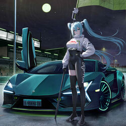  absurdres aqua_eyes aqua_hair asymmetrical_bodysuit black_bodysuit black_footwear black_gloves bodysuit boots breasts car closed_mouth clothes_writing commentary commission covered_navel cropped_jacket crypton_future_media female flag flagpole full_body full_moon gloves goodsmile_racing green_flag hair_between_eyes hand_on_own_hip hatsune_miku high_heel_boots high_heels highres holding holding_pole jacket kcar66t lamborghini lamborghini_revuelto long_hair long_sleeves looking_at_viewer medium_breasts moon motor_vehicle night outdoors pole race_queen racetrack racing_miku racing_miku_(2022) sidelocks single_leg_bodysuit single_thigh_boot skindentation sky smile solo standing star_(sky) starry_sky thigh_boots twintails very_long_hair vocaloid white_jacket 