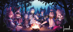  6+girls :p ahoge animal_ear_fluff animal_ears anklet antlers belt black_belt black_footwear black_gloves black_headwear black_hoodie black_pantyhose black_scarf black_shirt blonde_hair blue_bow blue_eyes blue_hair bow braid breasts campfire cleavage closed_eyes closed_mouth collared_shirt crossed_bangs crossed_legs cup deer_girl dress fish fish_(food) fishnet_top fishnets flashlight forest fox_ears fox_girl fujikura_uruka fujikura_uruka_(1st_costume) fur-trimmed_gloves fur_trim gloves grey_hair guitar h2osakana hair_between_eyes hair_ornament hairbow hakushika_iori hat heart heart_hair_ornament highres holding holding_cup holding_flashlight holding_guitar holding_instrument hood hood_down hoodie horns instrument jacket jewelry kneeling large_breasts long_hair luwudco maid_headdress multicolored_clothes multicolored_hoodie multiple_girls nature necktie open_clothes open_jacket open_mouth pantyhose phase_connect pink_bow pink_hair pink_thighhighs pipkin_pippa pipkin_pippa_(1st_costume) rabbit_ears rabbit_girl rabbit_hair_ornament rinkou_ashelia rinkou_ashelia_(2nd_costume) scarf shirt shisui_michiru_(phase_connect) short_hair signature single_thighhigh sitting sleeves_past_fingers sleeves_past_wrists slippers smile tenma_maemi tenma_maemi_(1st_costume) thigh_belt thigh_strap thighhighs tongue tongue_out torn_clothes torn_pantyhose tree twin_braids twintails unzipped utatane_nasa virtual_youtuber white_dress white_footwear white_necktie witch_hat 