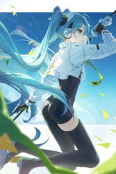  absurdres ass asymmetrical_bodysuit black_bodysuit black_gloves blue_eyes blue_hair bodysuit boots commentary cropped_jacket dangmyo female flagpole from_side full_body gloves goodsmile_racing green_flag green_gloves hatsune_miku highres holding holding_pole jacket long_hair long_sleeves open_mouth pole racing_miku racing_miku_(2022) single_leg_bodysuit single_thigh_boot solo thigh_boots twintails two-tone_gloves very_long_hair vocaloid white_jacket 