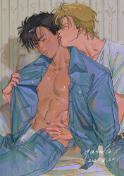  2020 2boys abs absurdres ash_lynx banana_fish bara bed_sheet belt bishounen biting biting_ear black_hair blonde_hair couple dark-skinned_male dark_skin dated denim denim_shirt grey_shirt hand_on_another&#039;s_stomach highres interracial jeans koyasuyasuko12 light_blush male_focus multiple_boys muscular muscular_male nipples okumura_eiji open_clothes open_fly open_shirt opening_another&#039;s_clothes pants shirt signature sitting t-shirt unbuttoned undressing_another wooden_wall yaoi 