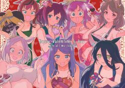  6+girls @_@ animal_ears apron black_hair blonde_hair blue_eyes blush breasts brown_hair chocolate cleavage closed_mouth collarbone gift hair_between_eyes hair_ornament happy_valentine heart horse_ears horse_girl horse_tail large_breasts light_hello_(umamusume) looking_at_viewer manhattan_cafe_(umamusume) medium_hair mejiro_mcqueen_(umamusume) multiple_girls naked_apron narita_top_road_(umamusume) nice_nature_(umamusume) open_mouth pink_hair purple_hair red_hair sakura_chiyono_o_(umamusume) sauce simple_background small_breasts smile steaming_body sweat tail tsubaki09 umamusume 