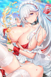  absurdres apron azur_lane belfast_(blissful_service)_(azur_lane) bikini bikini_top_only blurry blurry_background bottle bottle_cap braid breasts cleavage collarbone female garden01 highres holding holding_bottle huge_breasts lace-trimmed_thighhighs lace_trim long_hair looking_at_viewer maid_headdress official_alternate_costume one_eye_closed purple_eyes red_bikini red_wrist_cuffs sexually_suggestive solo swimsuit thighhighs very_long_hair wardrobe_malfunction white_apron white_hair white_headdress white_thighhighs wrist_cuffs 