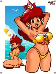  anklet arms_behind_head artist_name ass back bare_arms bare_shoulders barefoot bikini bird breasts brooch cleavage closed_mouth cloud collar crown day earrings english_text female flower_earrings freckles grin heart huge_ass jewelry large_breasts legs long_hair looking_at_viewer looking_to_the_side mario_(series) marodraws navel nintendo ocean open_mouth outdoors princess_daisy red_hair seagull sky smile solo solo_focus swimsuit tan thick_eyebrows thick_thighs thighs thong tomboy water wide_hips yellow_bikini 