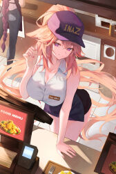  2girls absurdres alternate_costume bare_legs braid breasts cashier cleavage collarbone commentary contemporary denim droopy_ears employee_uniform fast_food_uniform fork genshin_impact hair_between_eyes hat hat_writing highres hyonee jeans kitchen large_breasts leaning_forward long_hair looking_at_viewer multiple_girls pants parted_lips pink_hair purple_eyes purple_hat raiden_shogun revision shirt sidelocks smile solo_focus standing tray uniform very_long_hair white_shirt yae_miko 