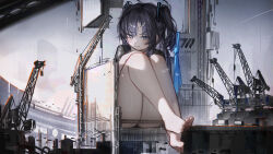  absurdres black_halo blue_archive blue_necktie building construction construction_site crane_(machine) female giant giantess greedice halo highres mechanical_halo necktie purple_eyes purple_hair solo thick_thighs thighs yuuka_(blue_archive) 