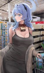  ako_(blue_archive) alternate_costume bell black_dress black_hairband blanc_(whit_blanc) blue_archive blue_eyes blue_hair blush breasts brown_sweater cleavage collar collarbone commentary costco cowbell dress female hair_between_eyes hairband highres large_breasts neck_bell parted_lips photo_background red_collar shopping_cart sleeveless sleeveless_dress solo supermarket sweater 