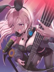  animal_ears black_corset black_jacket black_pantyhose black_shorts breasts corset electric_guitar fake_animal_ears female guitar hareteruya headphones headphones_around_neck highres holding holding_guitar holding_instrument hololive hololive_english instrument jacket large_breasts long_hair microphone mori_calliope mori_calliope_(9th_costume) open_mouth pantyhose pink_eyes pink_hair rabbit_ears short_shorts shorts torn_clothes torn_pantyhose virtual_youtuber 