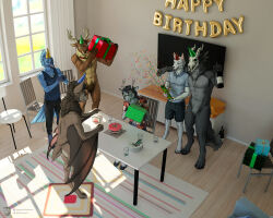  anthro antlers bat birthday bone cake carpet chair clothing curtains deer dessert digital_media_(artwork) dragon electronics food furniture gift group hat headgear headwear hi_res horn hybrid inside male mammal mythological_creature mythological_scalie mythology party party_hat scalie skull skulldog_(species) surprise table techiesxc television window wine_bottle 