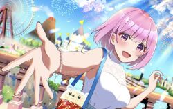  aerial_fireworks amusement_park bag blurry blurry_background bracelet breasts castle chinatsu_misaki_(vtuber) cloud commission erenshu female ferris_wheel fireworks handbag indie_virtual_youtuber jewelry open_mouth pink_hair purple_eyes railing reaching reaching_towards_viewer shirt short_hair skeb_commission sky sleeveless sleeveless_shirt solo sparkle twitter_username upper_body virtual_youtuber 