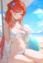  alternate_costume aqua_eyes bare_shoulders bikini blue_sky closed_mouth cloud cloudy_sky female genshin_impact hand_on_own_chest highres jewelry long_hair long_sleeves navel necklace nilou_(genshin_impact) omelet_tomato outdoors red_hair sitting sky stomach swimsuit wet wet_hair white_bikini 