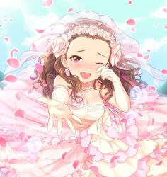  bare_shoulders blue_sky blurry blush breasts bridal_veil brown_hair cleavage crying depth_of_field dot_nose dress earrings elbow_gloves female flower flower_wreath forehead furrowed_brow glint gloves hair_flower hair_ornament happy_tears idolmaster idolmaster_cinderella_girls idolmaster_cinderella_girls_starlight_stage jewelry kurayami_butter layered_dress lens_flare lens_flare_abuse long_hair looking_at_viewer medium_breasts necklace open_hand open_mouth outdoors petals pink_dress reaching reaching_towards_viewer red_eyes seki_hiromi sky smile solo sparkle strapless strapless_dress sunlight tears teeth upper_teeth_only veil wavy_hair wedding_dress white_flower white_gloves 