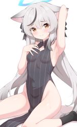  absurdres animal_ear_fluff animal_ears arm_up armpits black_dress black_hair black_socks blue_archive blue_halo blush breasts brown_eyes closed_mouth commentary covered_navel dress enru female grey_hair hair_intakes halo highres kokona_(blue_archive) long_hair looking_at_viewer multicolored_hair paid_reward_available pelvic_curtain presenting_armpit simple_background sleeveless sleeveless_dress small_breasts socks solo streaked_hair striped_clothes striped_dress sweat thighs tiger_ears tiger_girl vertical-striped_clothes vertical-striped_dress white_background 