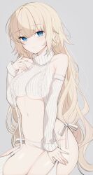  bare_shoulders blonde_hair blue_eyes blush breasts cropped_sweater detached_sleeves fate/apocrypha fate_(series) female highres jeanne_d&#039;arc_(fate) jeanne_d&#039;arc_(ruler)_(fate) large_breasts long_hair looking_at_viewer mati5572 meme_attire navel ribbed_panties ribbed_sleeves sleeveless sleeveless_turtleneck solo sweater thighs turtleneck turtleneck_sweater very_long_hair virgin_destroyer_sweater white_sweater 