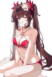  alternate_costume arin7020 bell between_legs bikini breasts brown_hair cleavage closed_mouth collarbone facial_mark female fox_mask hair_between_eyes highres honkai:_star_rail honkai_(series) large_breasts long_hair looking_at_viewer mask mask_on_head mole mole_under_eye navel neck_bell one_eye_closed pink_eyes purple_eyes red_bikini sidelocks simple_background sitting smile solo sparkle sparkle_(honkai:_star_rail) swimsuit tongue tongue_out twintails wariza white_background 