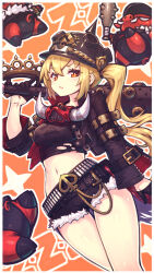  blonde_hair boar boar_mask club_(weapon) cropped_jacket denim denim_shorts female gloves gogatsu_no_renkyuu half_gloves helmet highres holding holding_club holding_weapon luciana_de_montefio midriff navel orange_background over_shoulder pickelhaube red_eyes shorts side_ponytail thighs weapon weapon_over_shoulder zenless_zone_zero 