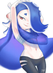  arms_behind_head atori_(a_ttori) black_pants blue_shawl chest_sarashi closed_mouth commentary_request earrings female hair_over_one_eye hairband highres jewelry medium_hair multiple_earrings navel octoling pants red_eyes sarashi shawl shiver_(splatoon) short_eyebrows signature simple_background smile solo splatoon_(series) splatoon_3 standing tentacle_hair thick_eyebrows tooth_earrings torn_clothes torn_pants white_background white_hairband 