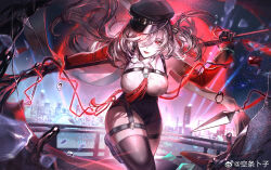  absurdres arm_warmers bare_shoulders belt black_gloves black_hat black_shorts black_thighhighs breasts building city city_lights collared_shirt cowboy_shot female floating_hair gloves guilongchao hair_over_one_eye hands_up hat high-waist_shorts highres holding holding_scythe kong_tiao_bo_zi large_breasts laser leg_up long_hair night night_sky o-ring o-ring_belt one_eye_covered outstretched_arms parted_lips peaked_cap railing red_arm_warmers red_eyes red_lips scythe shirt short_shorts shorts sky skyline skyscraper sleeveless sleeveless_shirt solo spread_arms tassel thigh_strap thighhighs weapon_behind_back weibo_logo weibo_watermark white_hair white_shirt yuying_(guilongchao) 