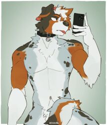  2024 absurd_res anthro barazoku biceps big_muscles biped black_body black_fur brown_body brown_fur canid canine canis collar_tag countershade_fur countershading domestic_dog floppy_ears fur hi_res male mammal mirror_selfie muscular muscular_anthro muscular_male nude_anthro nude_male pecs rexkoire selfie solo tongue tongue_out white_body white_countershading white_fur 