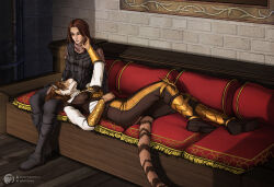  anthro armor bethesda_game_studios clothing duo felid female footwear furniture hair hi_res human khajiit laying_on_lap lying_on_sofa mammal microsoft on_sofa pantherine shoes skyrim sofa tail techiesxc the_elder_scrolls tiger wall_(structure) 