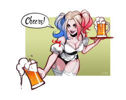  alcohol artist_name bare_shoulders beer beer_mug blonde_hair blue_eyes blue_eyeshadow blue_hair breasts choker cleavage cup dc_comics english_commentary english_text eyeshadow female garter_straps gradient_background harley_quinn heart highres holding holding_cup holding_tray large_breasts looking_at_viewer makeup mug multicolored_hair olena_minko parted_lips patreon_username red_eyeshadow red_hair solo speech_bubble thighhighs tray twintails white_thighhighs 