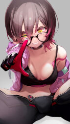  android black_camisole black_shorts black_tank_top breasts brown_hair camisole cleavage collar female glasses gloves hair_ornament highres hololive jacket looking_at_viewer medium_breasts midriff multicolored_clothes multicolored_gloves multicolored_hair navel nilitsu official_alternate_costume pink_camisole pink_hair pink_jacket pointing pointing_at_viewer roboco-san roboco-san_(workoutwear) shorts simple_background sitting smile solo tank_top two-tone_gloves virtual_youtuber yellow_eyes 