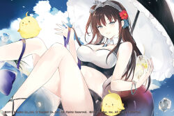  azur_lane bare_arms bare_legs bare_shoulders bird breasts brown_hair chick cleavage crop_top female grey_eyes hairband highres large_breasts long_hair looking_at_viewer lpip manjuu_(azur_lane) midriff navel newcastle_(azur_lane) one_side_up open_mouth shirt sleeveless sleeveless_shirt smile solo stomach thighs umbrella 