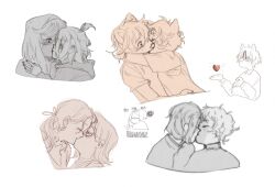  anthro blush closed_eyes clothed clothing duo female female/female heart_symbol hoodie human human_on_human humanoid humanoid_on_anthro intraspecies kissing male male/female mammal multiple_images simple_background sketch_page solo sonyan topwear 