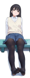  bench black_hair black_pantyhose blue_skirt blush_stickers brown_eyes cancer_(zjcconan) closed_mouth collared_shirt female highres knees_apart_feet_together long_sleeves looking_at_viewer no_shoes on_bench original pantyhose pleated_skirt shadow shirt signature simple_background sitting skirt solo sweater_vest vest white_background white_shirt 