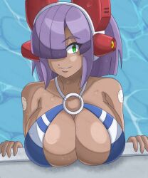  absurdres android artist_name bikini blue_bikini blunt_bangs breasts capcom cleavage dark-skinned_female dark_skin day female green_eyes hair_over_one_eye headgear highres hime_cut large_breasts layer_(mega_man) long_hair looking_at_viewer mega_man_(series) mega_man_x_(series) mega_man_x_dive o-ring o-ring_bikini official_alternate_costume outdoors pool purple_hair robot_ears robot_girl rockmangrave shiny_skin smile solo solo_focus striped_bikini striped_clothes swimsuit water watermark wet 