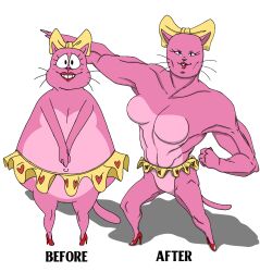  2024 4_fingers accessory after_transformation annabelle_(eek!_the_cat) anthro before_and_after bent_arm big_breasts big_chest big_eyes big_muscles biped black_eyes black_text blush blush_lines bottomwear bow_(feature) bow_ribbon breasts clothed clothing color_edit colored countershade_fur countershade_torso countershading dbaru digital_drawing_(artwork) digital_media_(artwork) domestic_cat eek!_the_cat english_text extended_arm eyelashes featureless_breasts featureless_crotch felid feline felis female fingers fist footwear front_view fur glistening glistening_lips growth hair_accessory hair_ribbon hairbow hands_together heart_print heart_symbol hi_res high_heels humanoid_hands iris light_body light_ears light_fur light_tail lips lipstick long_eyelashes long_whiskers looking_at_viewer makeup mammal microskirt miniskirt monotone_tail muscle_growth muscular muscular_anthro muscular_arms muscular_female muscular_thighs navel no_pupils obese obese_anthro obese_female overweight overweight_anthro overweight_female pink_blush pink_body pink_countershading pink_ears pink_fur pink_tail pose prick_ears print_bottomwear print_clothing print_microskirt print_miniskirt print_skirt red_clothing red_footwear red_heart red_high_heels red_lips red_lipstick ribbons shadow shoes simple_background skirt small_nose smile smiling_at_viewer solo standing straight_legs tail text thick_neck third-party_edit top_heavy topless topless_anthro topless_female whiskers white_background yellow_bottomwear yellow_bow yellow_clothing yellow_microskirt yellow_miniskirt yellow_skirt 