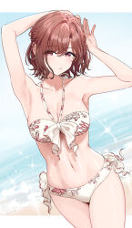  armpits arms_up beach bikini blush breasts brown_hair cleavage collarbone commentary female floral_print highres higuchi_madoka idolmaster idolmaster_shiny_colors letterboxed looking_at_viewer medium_breasts mole mole_under_eye navel nonbire outdoors short_hair solo stomach swimsuit white_bikini 