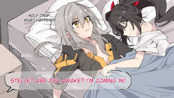  2girls bare_shoulders black_hair black_jacket blanket closed_eyes english_commentary eri_(erikiri) facial_mark grey_hair highres honkai:_star_rail honkai_(series) jacket long_hair lying multiple_girls off-shoulder_shirt off_shoulder on_back pillow shirt short_sleeves sparkle_(honkai:_star_rail) speech_bubble stelle_(honkai:_star_rail) trailblazer_(honkai:_star_rail) white_shirt yellow_eyes 