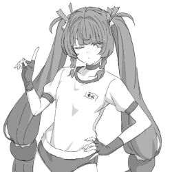  aoi_suzu braid buruma female fingerless_gloves gloves greyscale gym_uniform hand_on_own_hip index_finger_raised long_hair low-tied_long_hair monochrome one_eye_closed qingyi_(zenless_zone_zero) twin_braids twintails zenless_zone_zero 