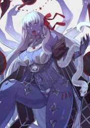  blue_eyes blue_skin breasts colored_skin daweykun earrings extra_arms fangs fate/grand_order fate_(series) female hair_ribbon highres jewelry kali_(fate) large_breasts long_hair navel necklace ribbon ring snake third_eye tongue tongue_out twitter_username very_long_hair white_hair 