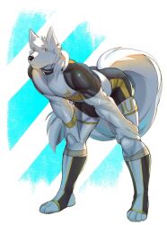  2024 anthro bent_over biceps biped bodily_fluids canid canine canis clothing fur looking_away male mammal meowmeds muscular muscular_anthro muscular_male solo sweat sweatdrop sweaty_body tight_clothing white_body white_fur wolf yellow_eyes 