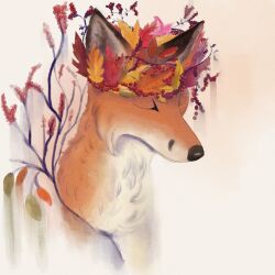  2024 ambiguous_gender autumn berry black_nose branch canid canine closed_eyes digital_media_(artwork) feral food fox fruit fur hi_res leprzil mammal mouth_closed plant red_fox simple_background solo true_fox wreath 