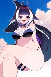  ahoge animal_collar bare_shoulders bikini black_bikini black_collar black_hair body_markings breasts cetacean_tail cloud collar crossed_legs facial_mark fangs female fins fish_tail heart heart_ahoge highres himary_art indie_virtual_youtuber long_hair multicolored_hair purple_eyes shylily shylily_(1st_costume) sky solo streaked_hair swimsuit tail two-tone_hair virtual_youtuber white_hair 