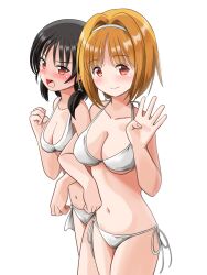  2girls bikini black_hair blush breasts brown_hair commentary_request cowboy_shot hair_intakes hairband hand_on_own_hip highres horikita_suzune kushida_kikyou long_hair low_ponytail medium_breasts multiple_girls navel red_eyes short_hair side-tie_bikini_bottom smile swimsuit underboob youkoso_jitsuryoku_shijou_shugi_no_kyoushitsu_e zakiwo_(rrxn8224) 